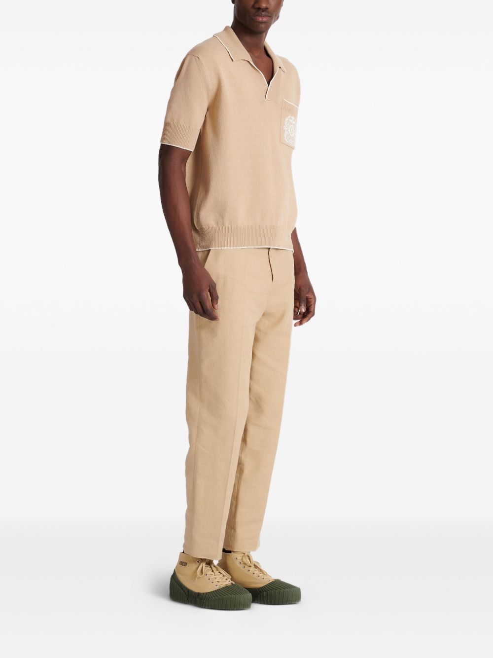 Embroidered Logo V-Neck Beige Knit Polo Shirt