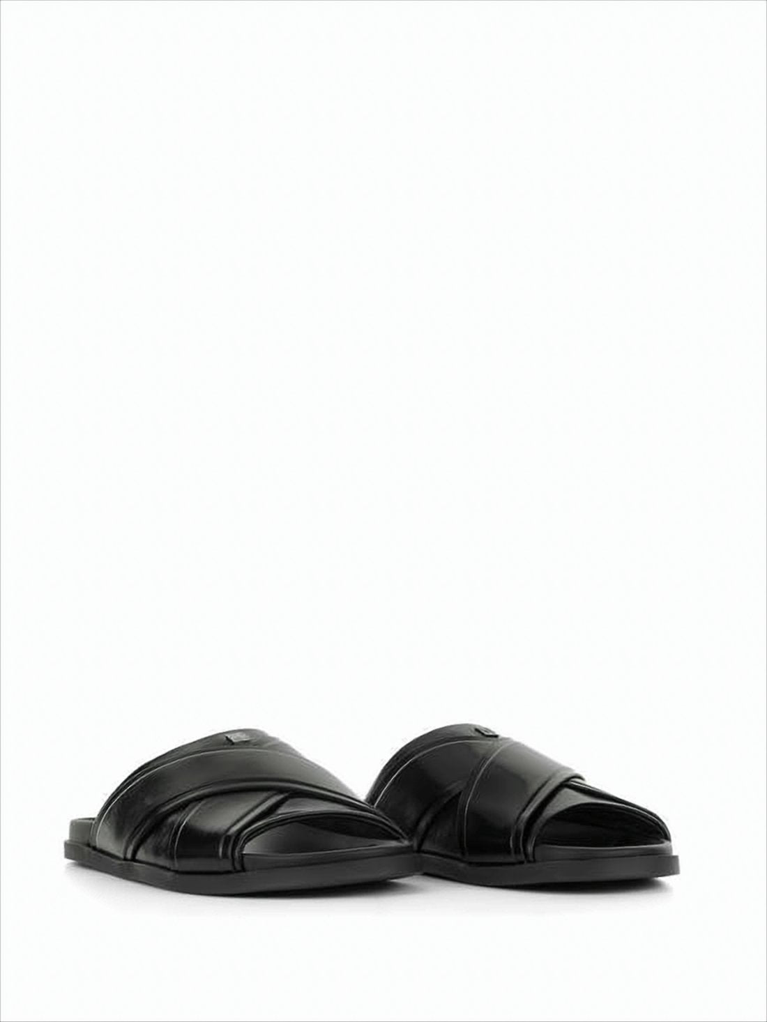 Slip-On Mules with Overlapping Leather Straps and Square Metal Detail