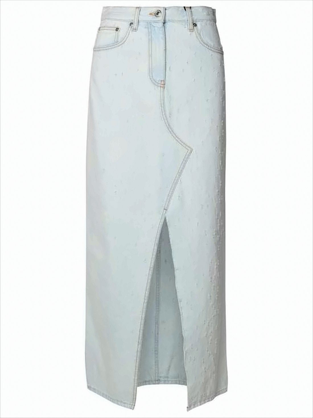 Asymmetrical Blue Denim Midi Skirt with Textured Dots and Five-Pocket Design
