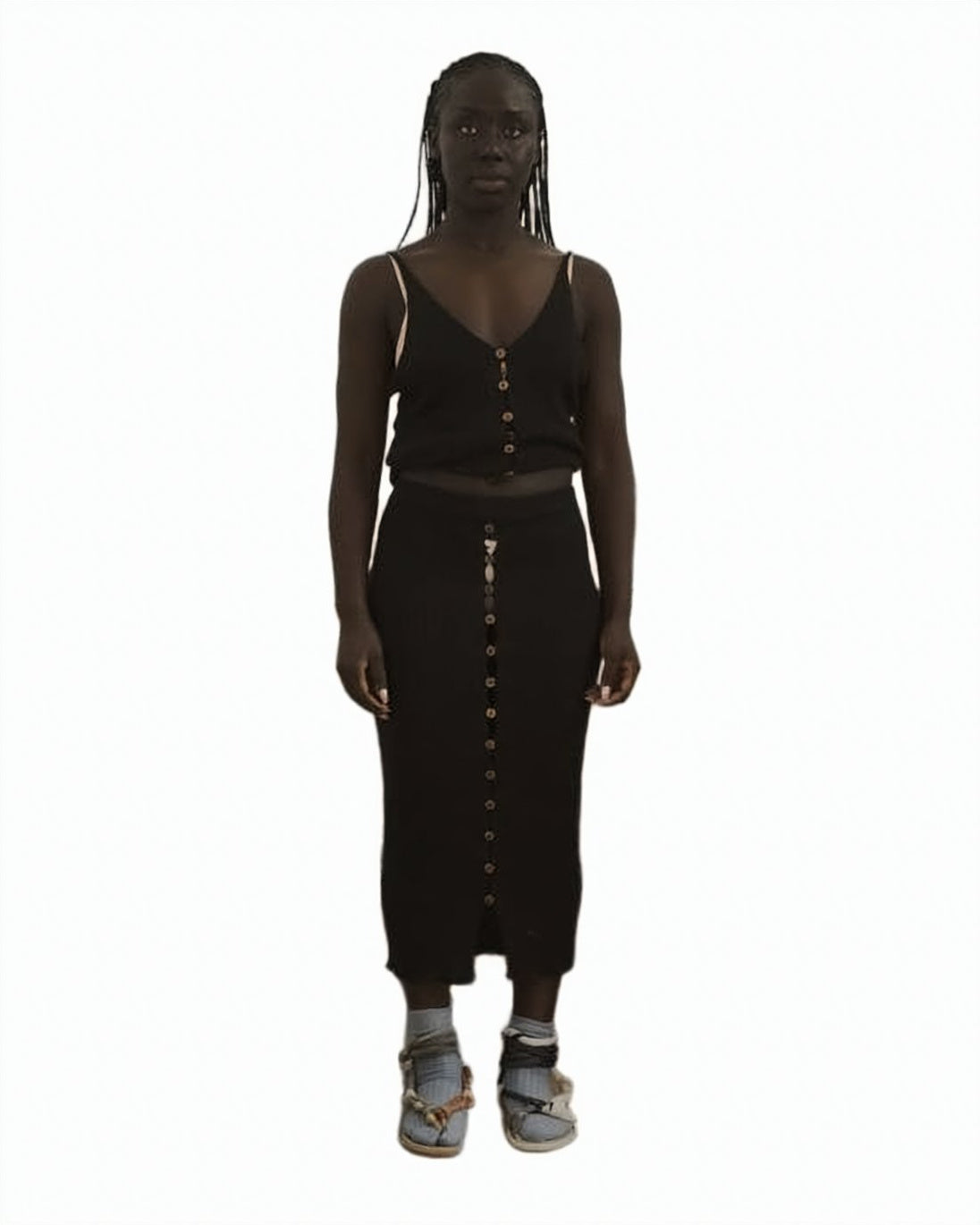 Brown Sleeveless Fitted V-Neck Button Top