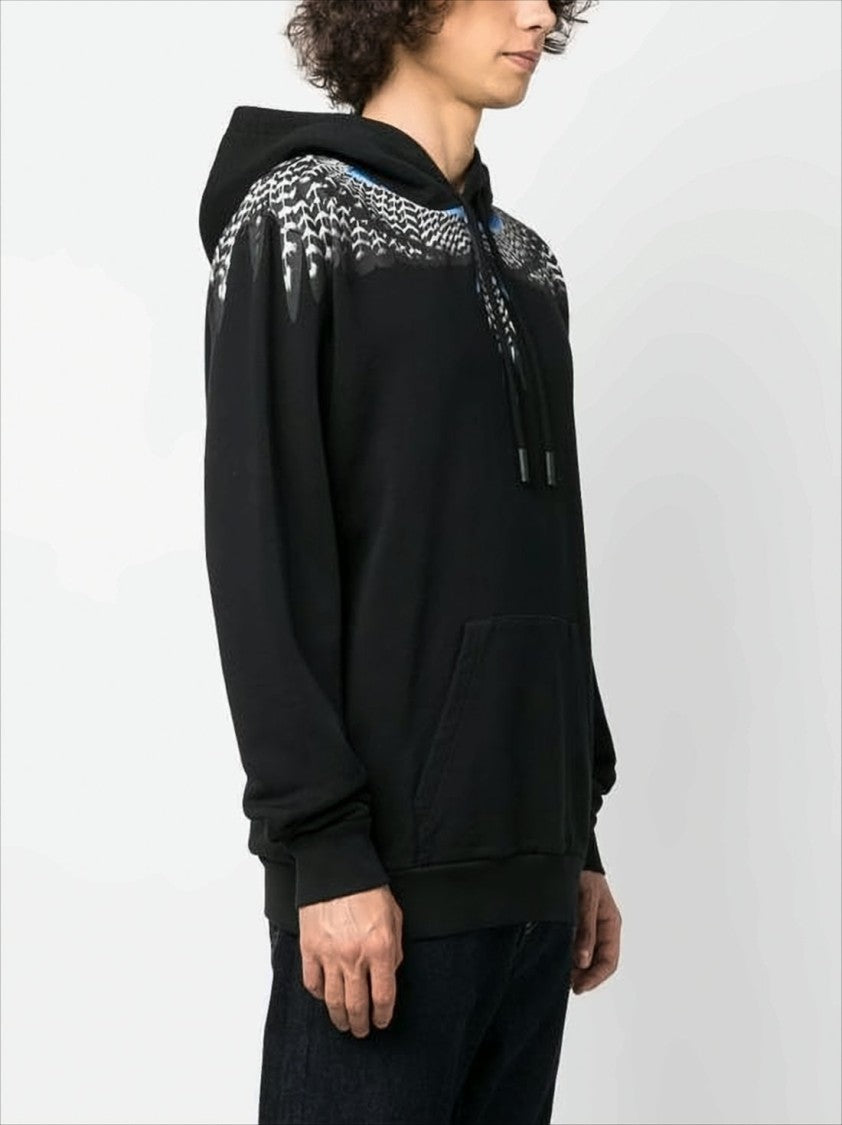 Feather-Graphic Black Cotton Hoodie