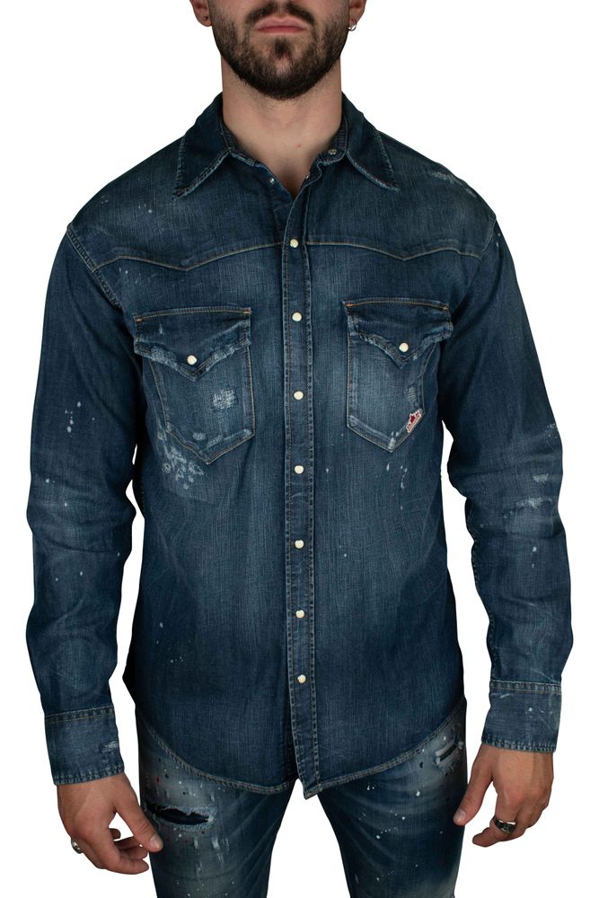 Navy Cotton Denim Shirt With Distressed Finish