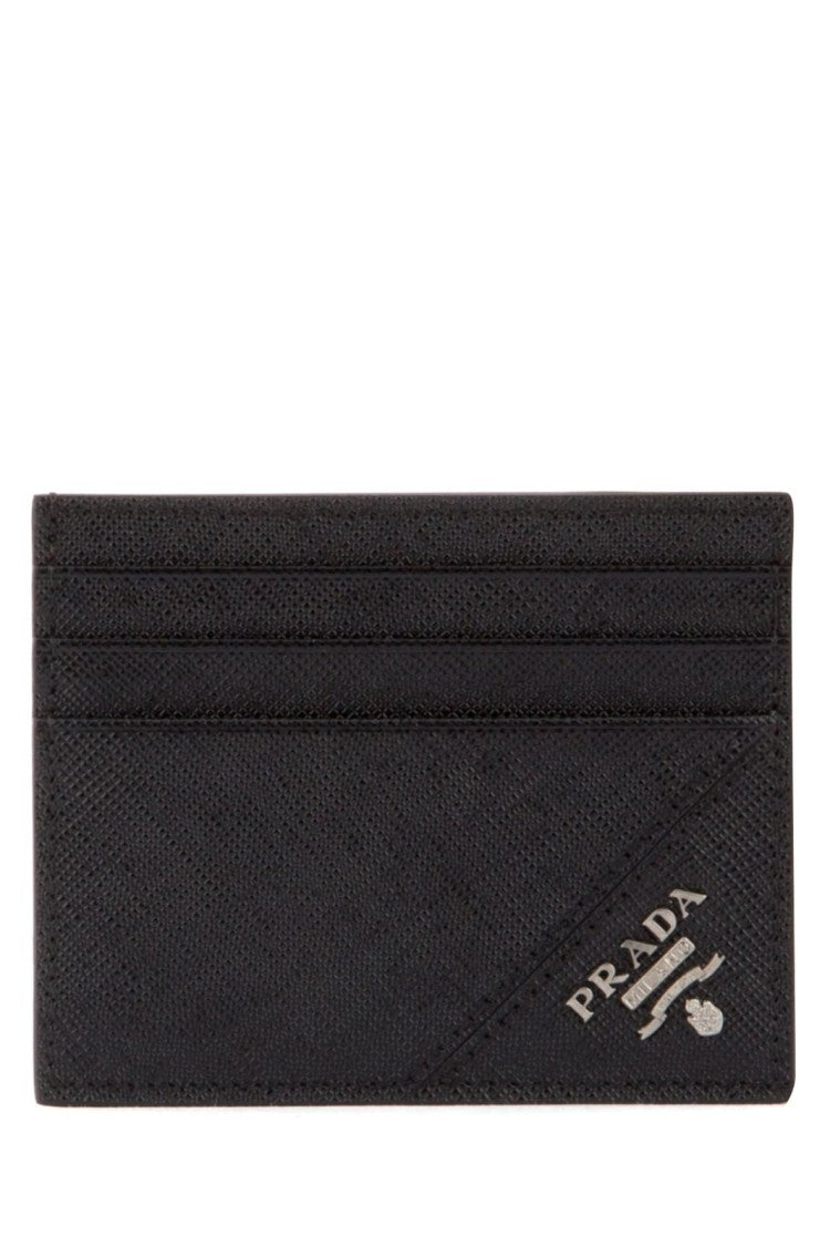 Textured Black Card Wallet with Metallic Logo Detail