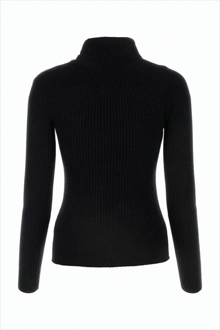 Fitted Ribbed Knit Long-Sleeve Top with High Neckline