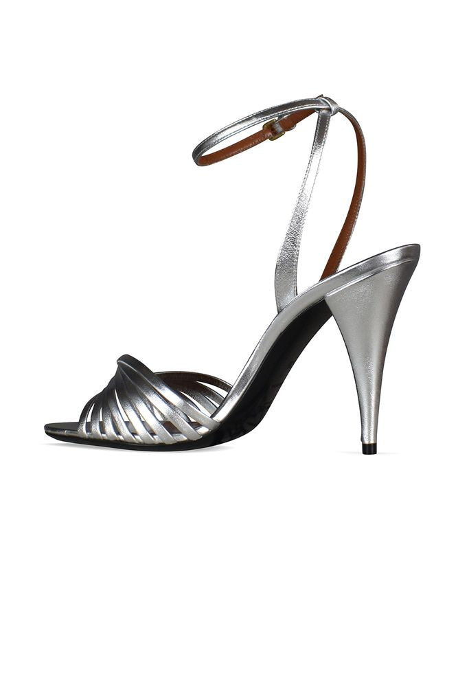 Silver Metallic Leather Sandals With Overlapping Straps