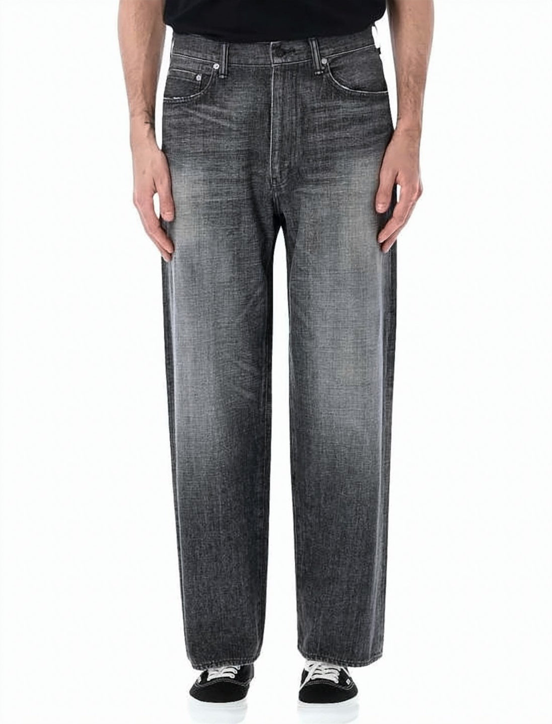 Black Relaxed Straight-Leg Faded Denim Pants