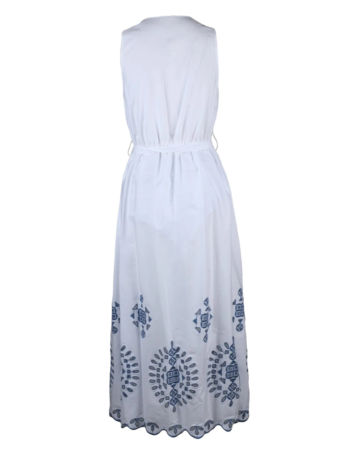 White Blue Cotton Elastane Long Embroidered Dress