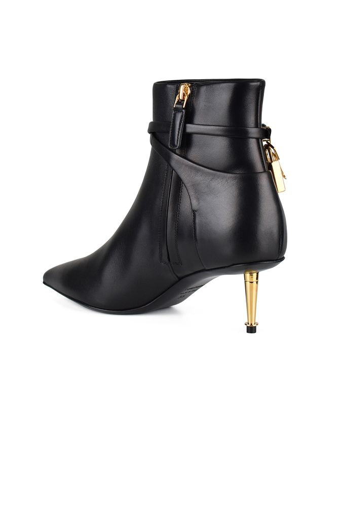 Pointed Black Leather Ankle Boots With Gold Lock Charm