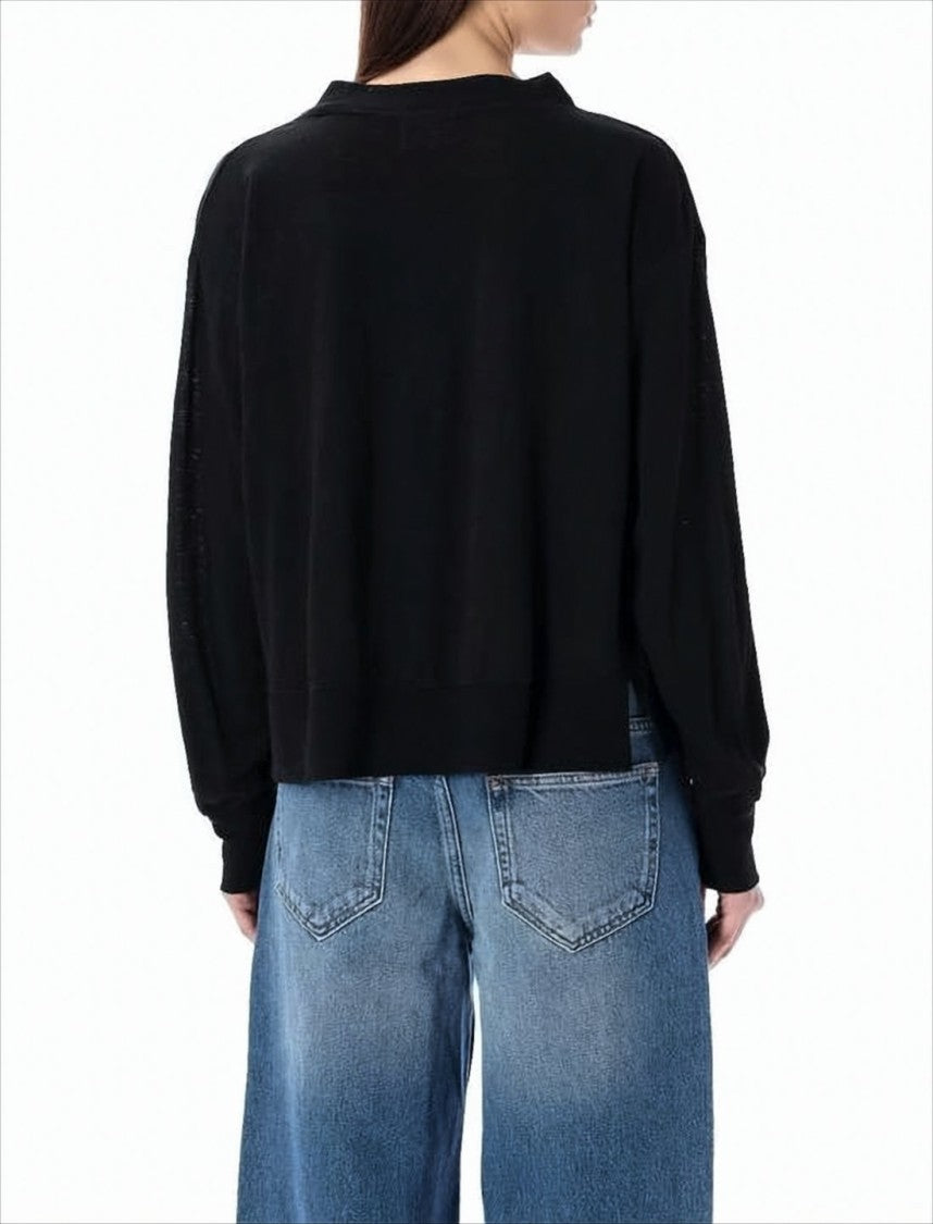 Relaxed Fit Black Linen Long-Sleeve Top with Graphic Design