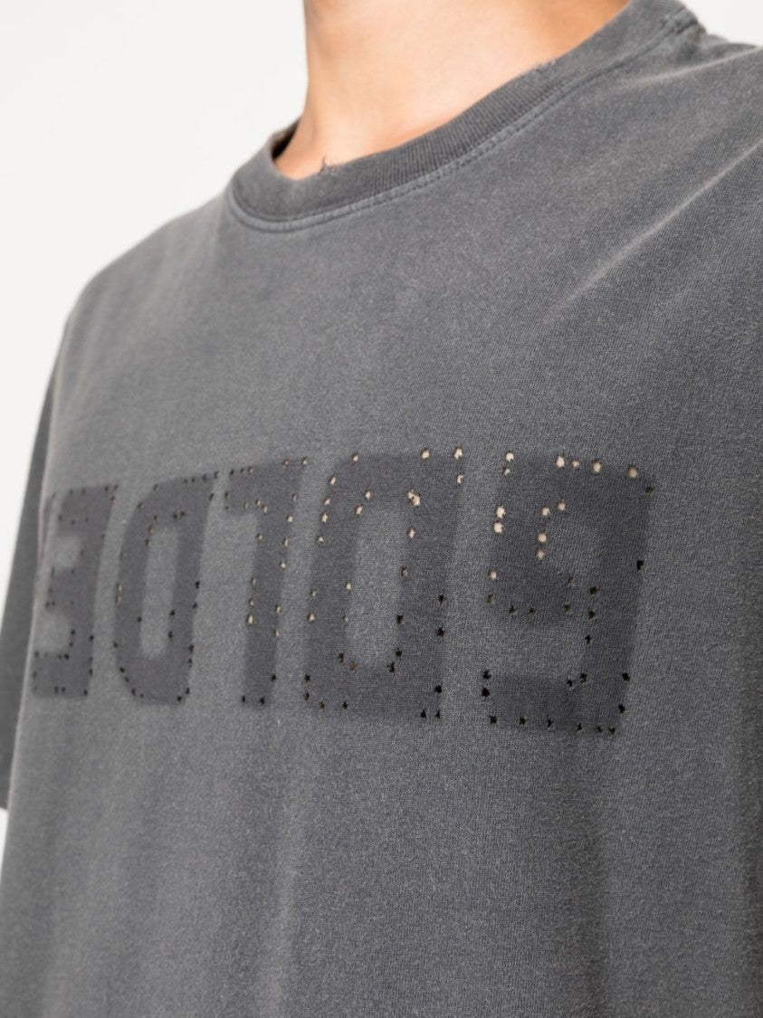 Distressed Logo Grey Cotton T-Shirt