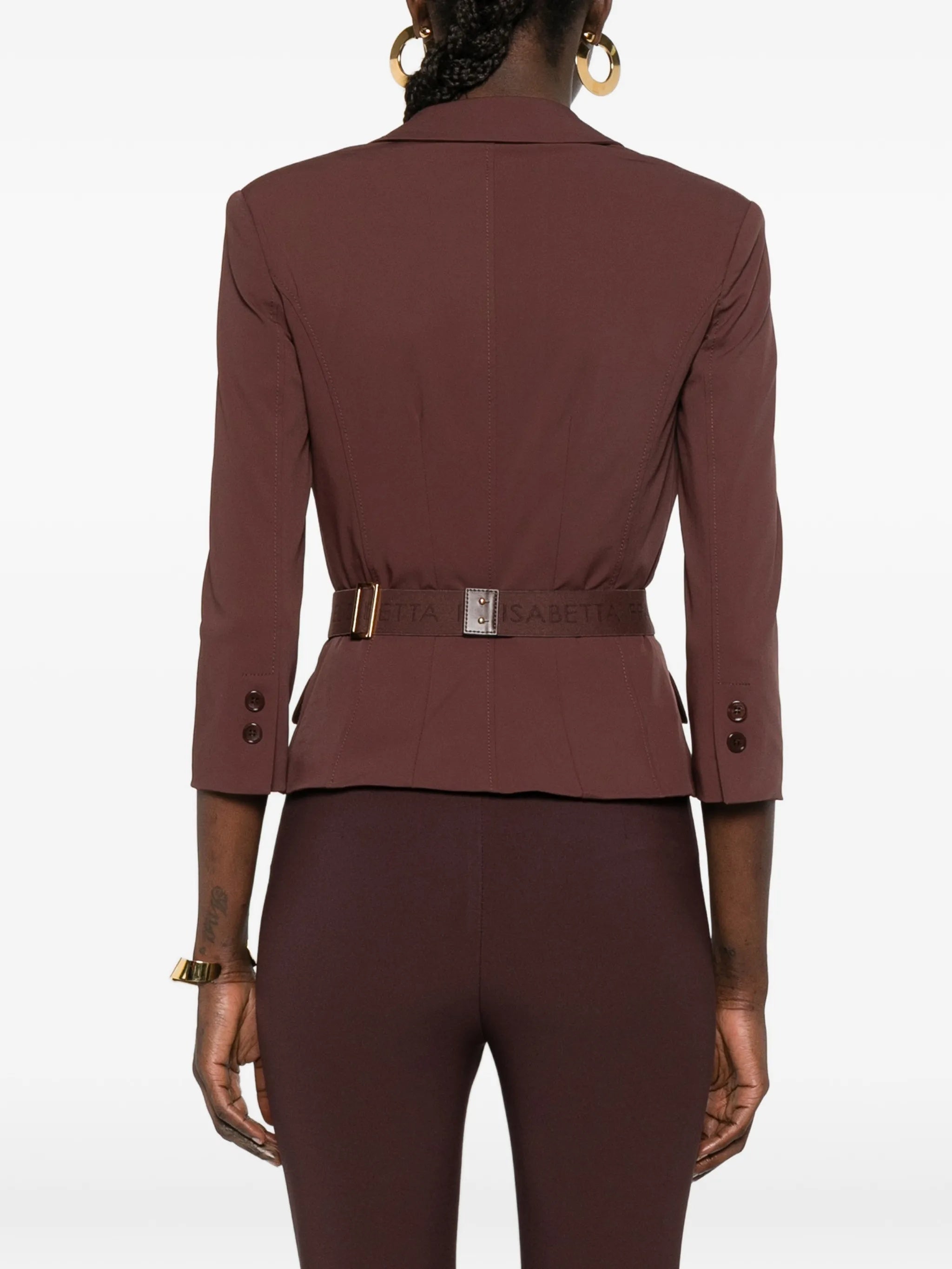 Double-Breasted Tailored Brown Belted Jacket