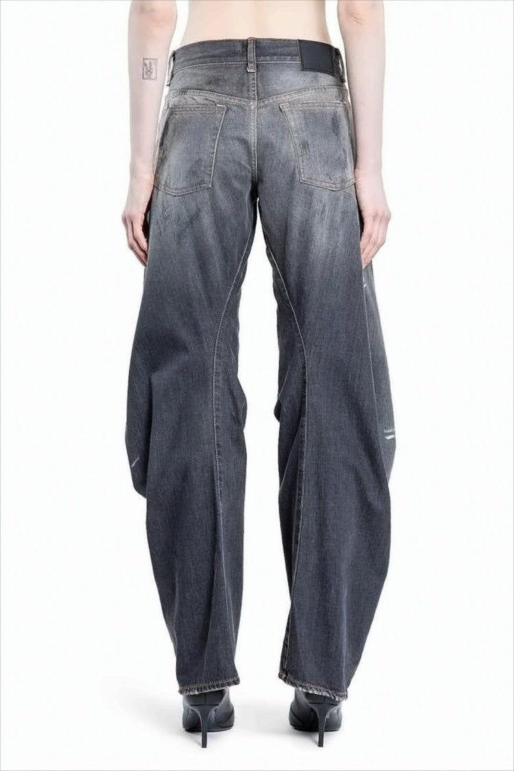 Wide-Leg Black Denim Pants with Distressed Finish
