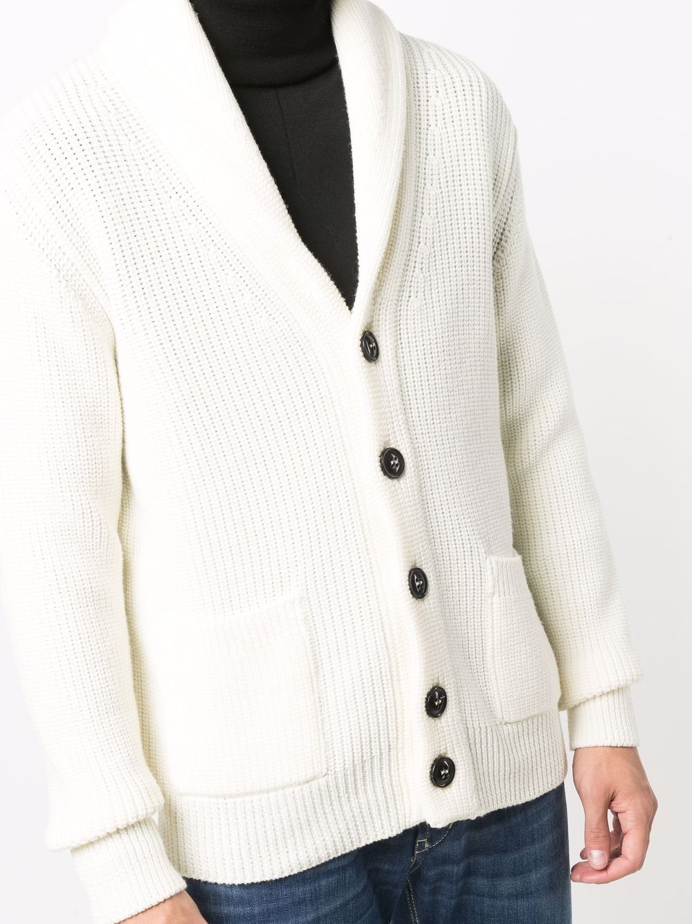 Rib Stitch White Cardigan With Shawl Collar