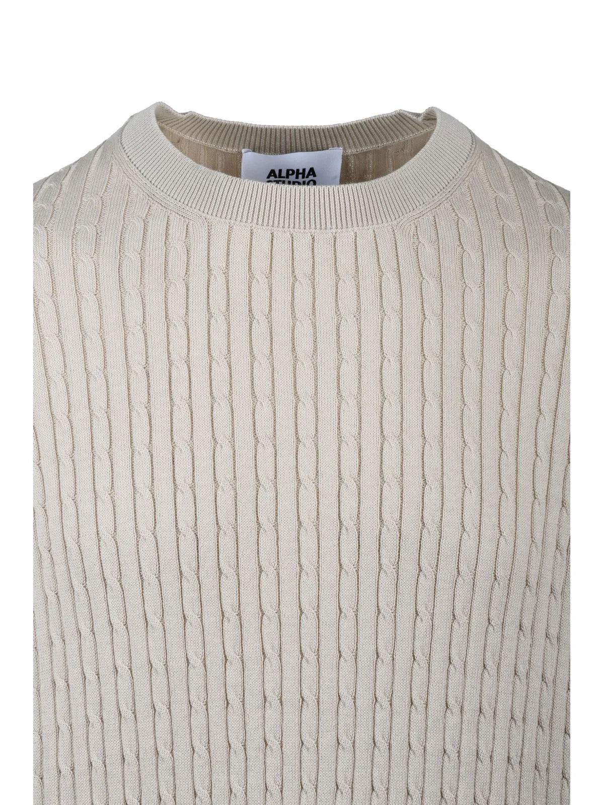Beige Cotton Cable Knit Crew Knit Top