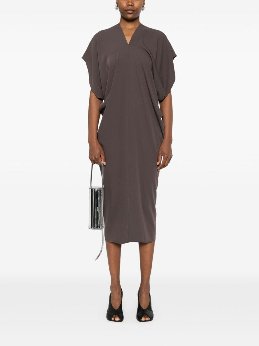 Draped Grey Midi Dress with V-Neckline