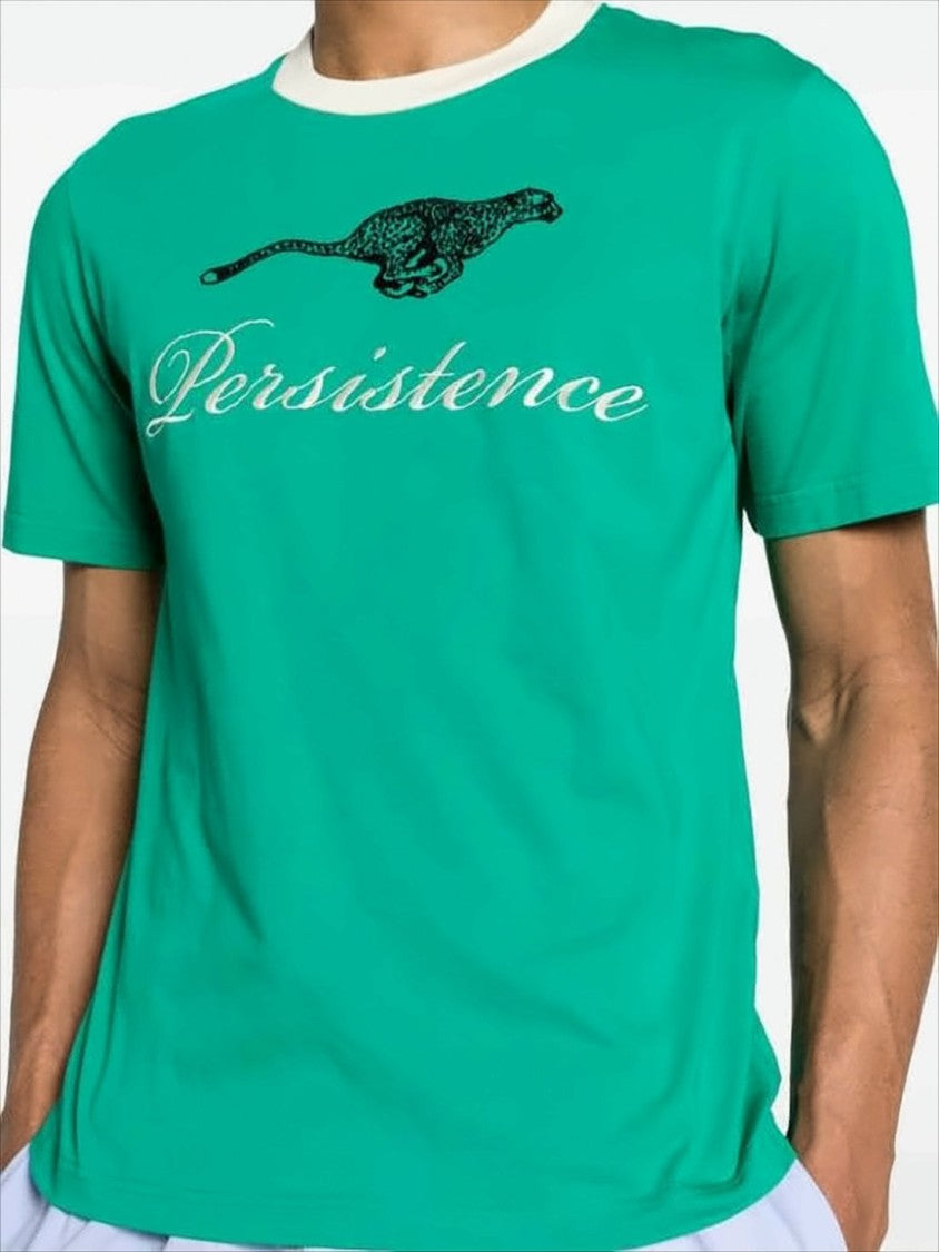 Green Graphic Tee with Leopard and Script Design