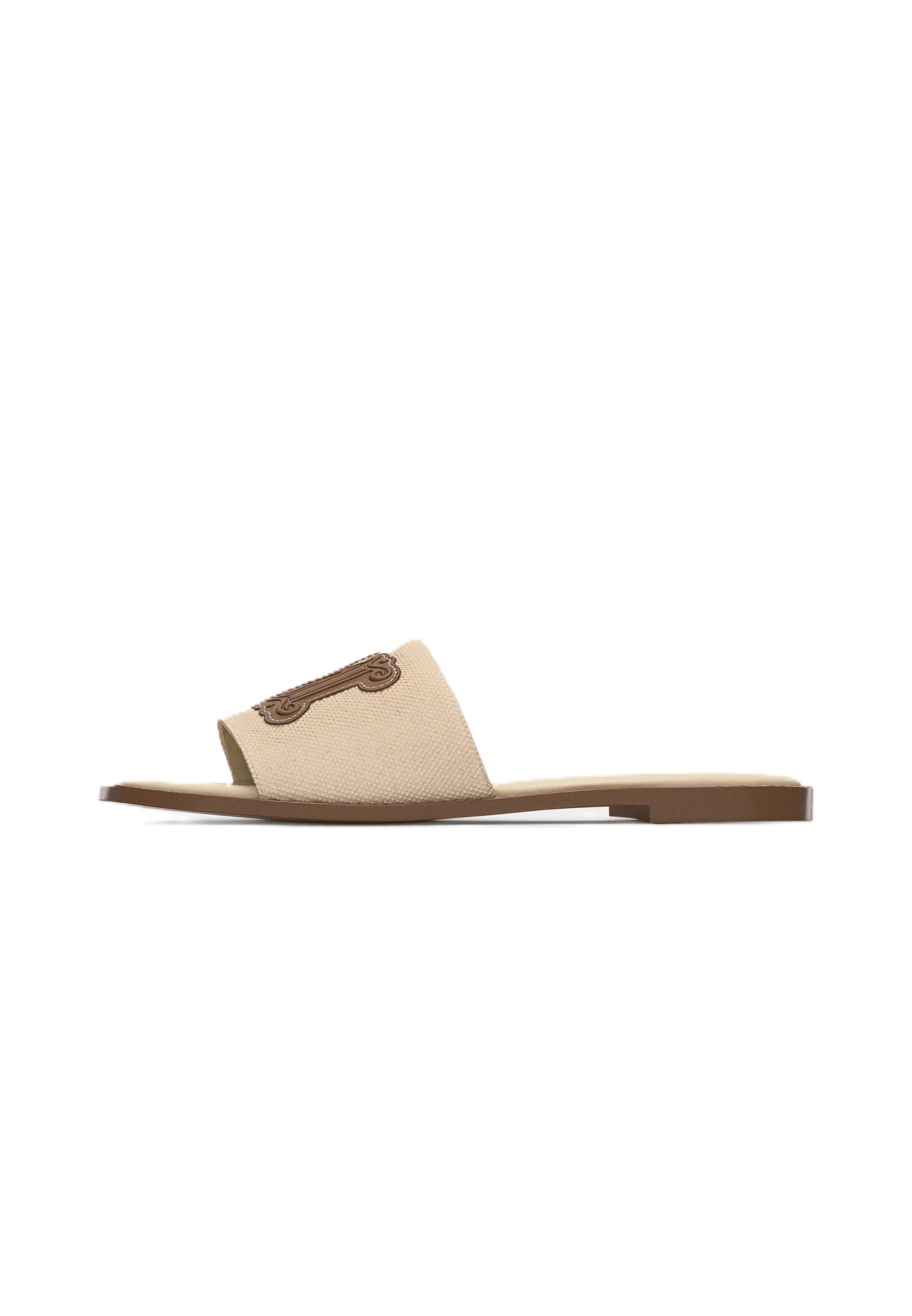 Beige Textured Slide Sandals with Embroidered Emblem