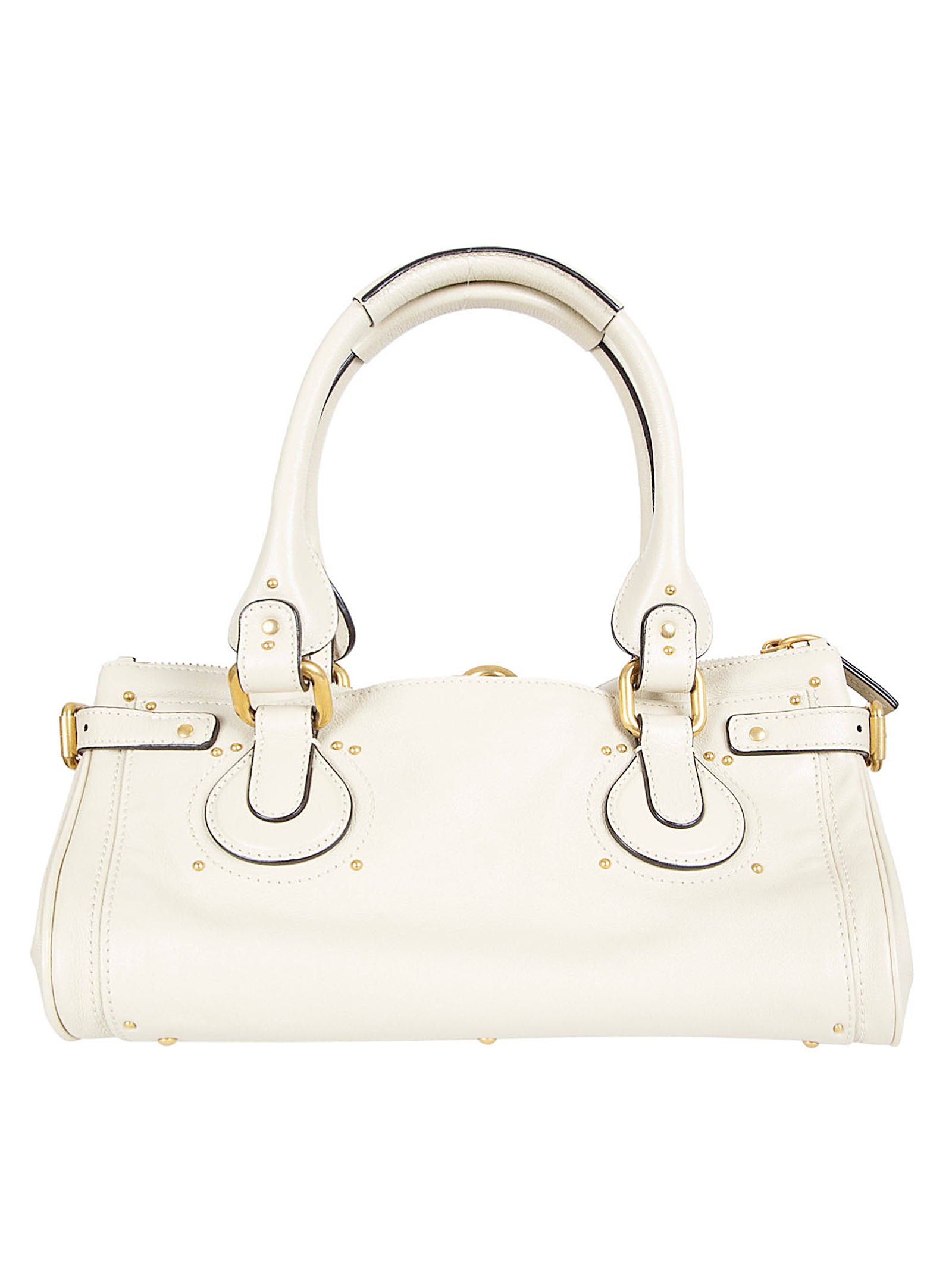 Structured White Leather Handbag with Golden Accents and Versatile Carry Options