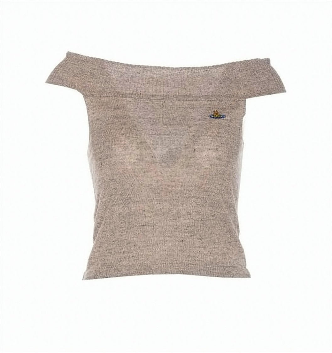 Off-the-Shoulder Textured Linen Sleeveless Top with Embroidered Emblem