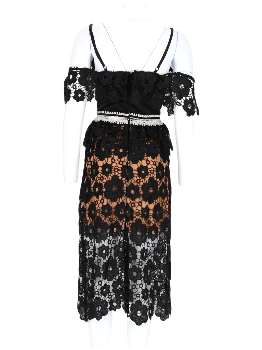 Black Floral Lace Midi Dress with Off-the-Shoulder Sleeves