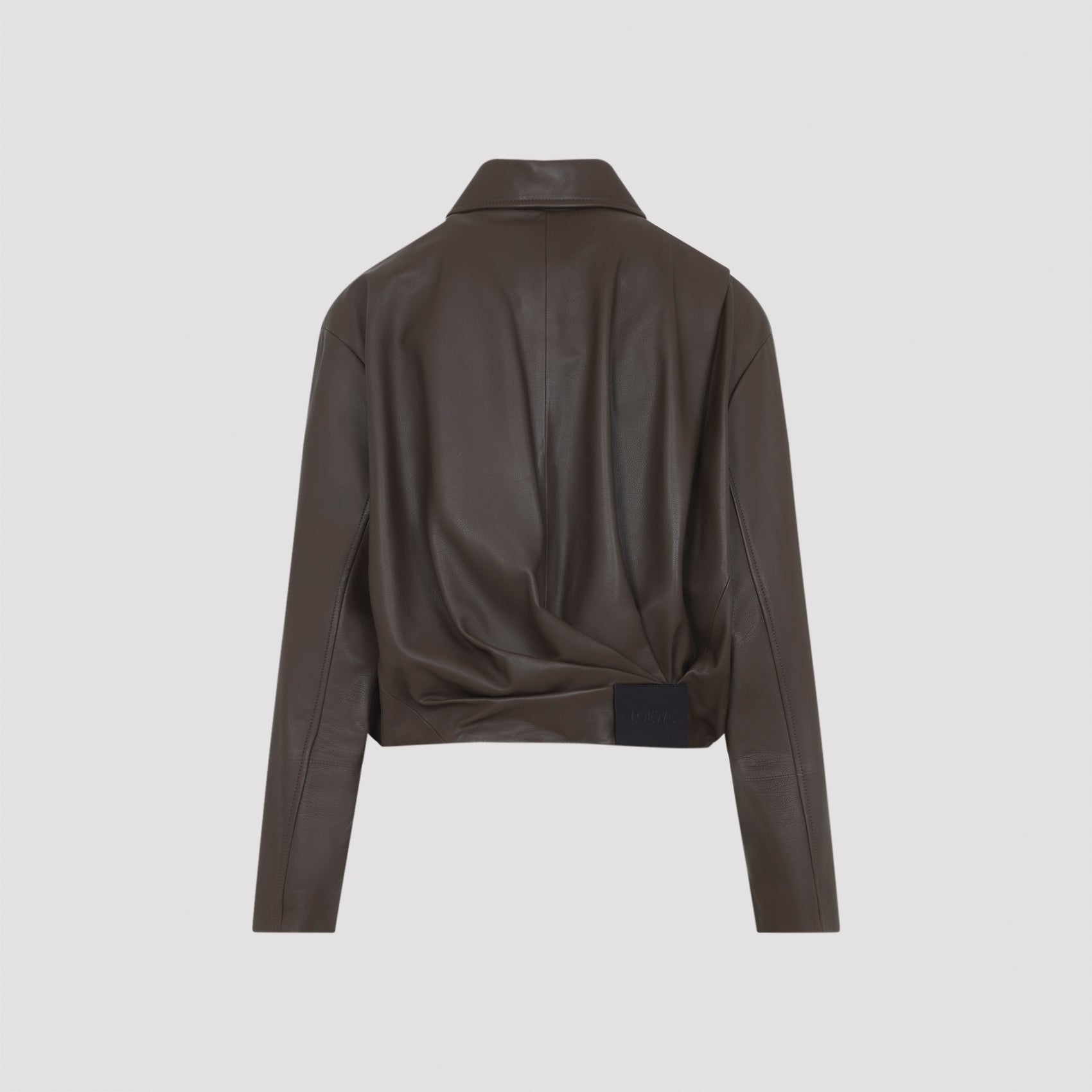 Cropped Calfskin Leather Jacket With Gathered Hem