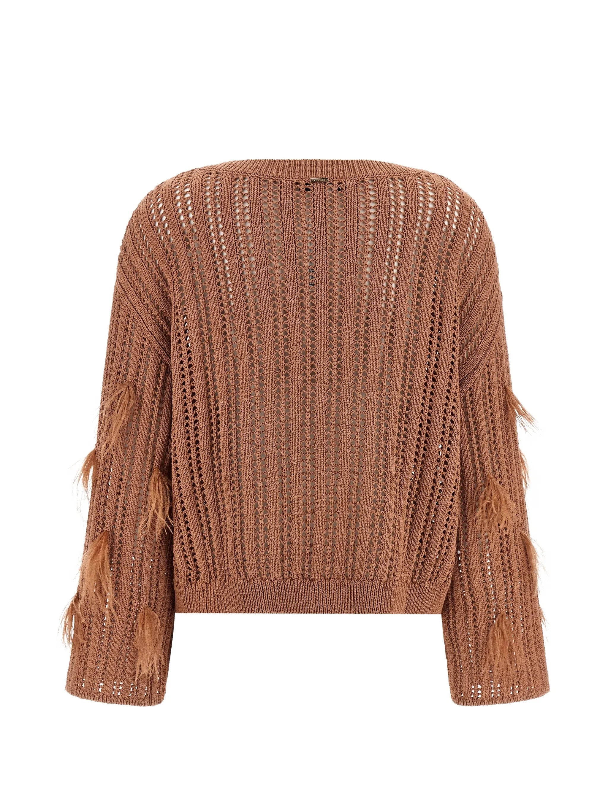 Brown Cropped Openwork Knit Sweater