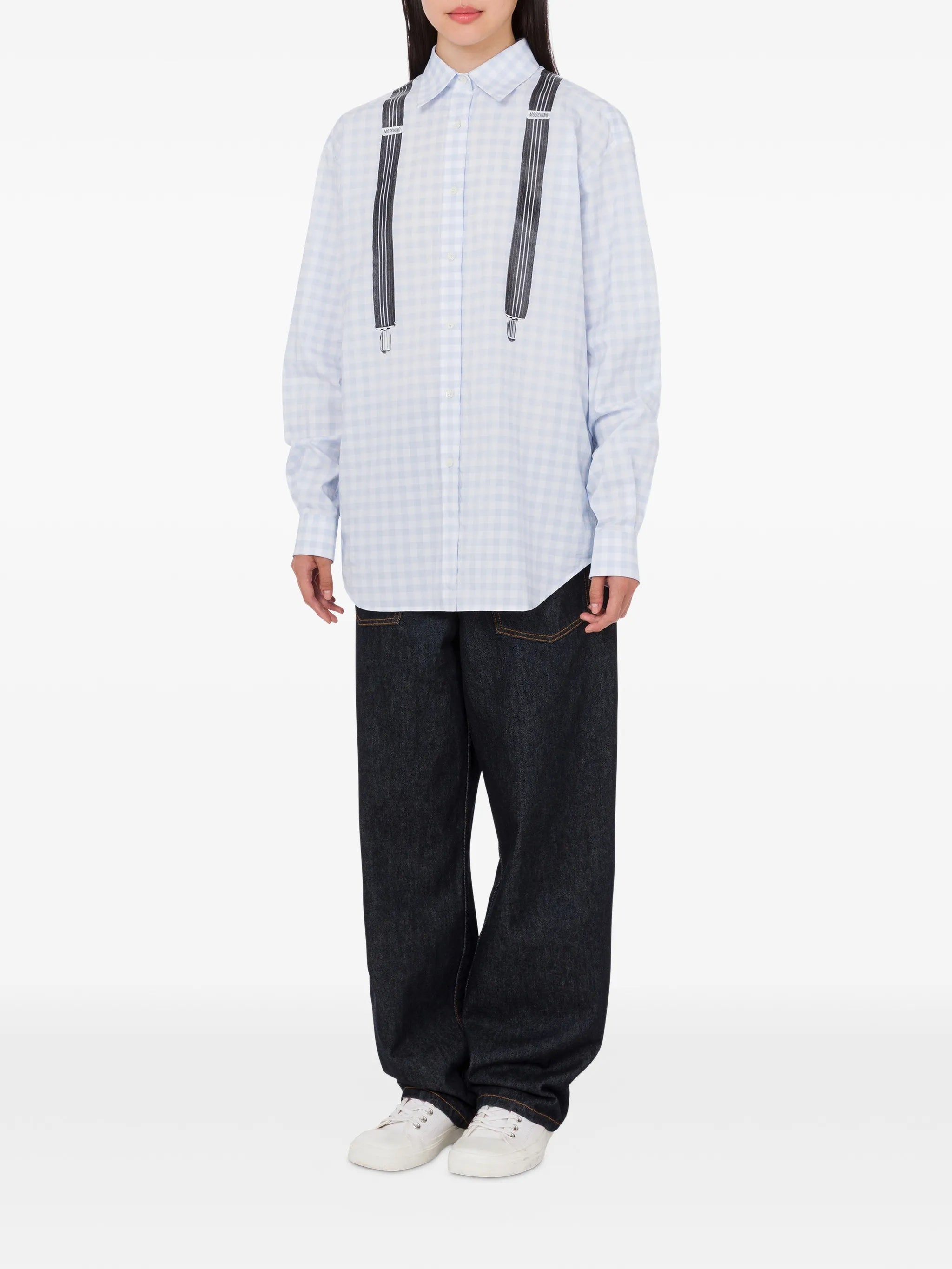 Light Blue Gingham Check Cotton Long-Sleeved Shirt