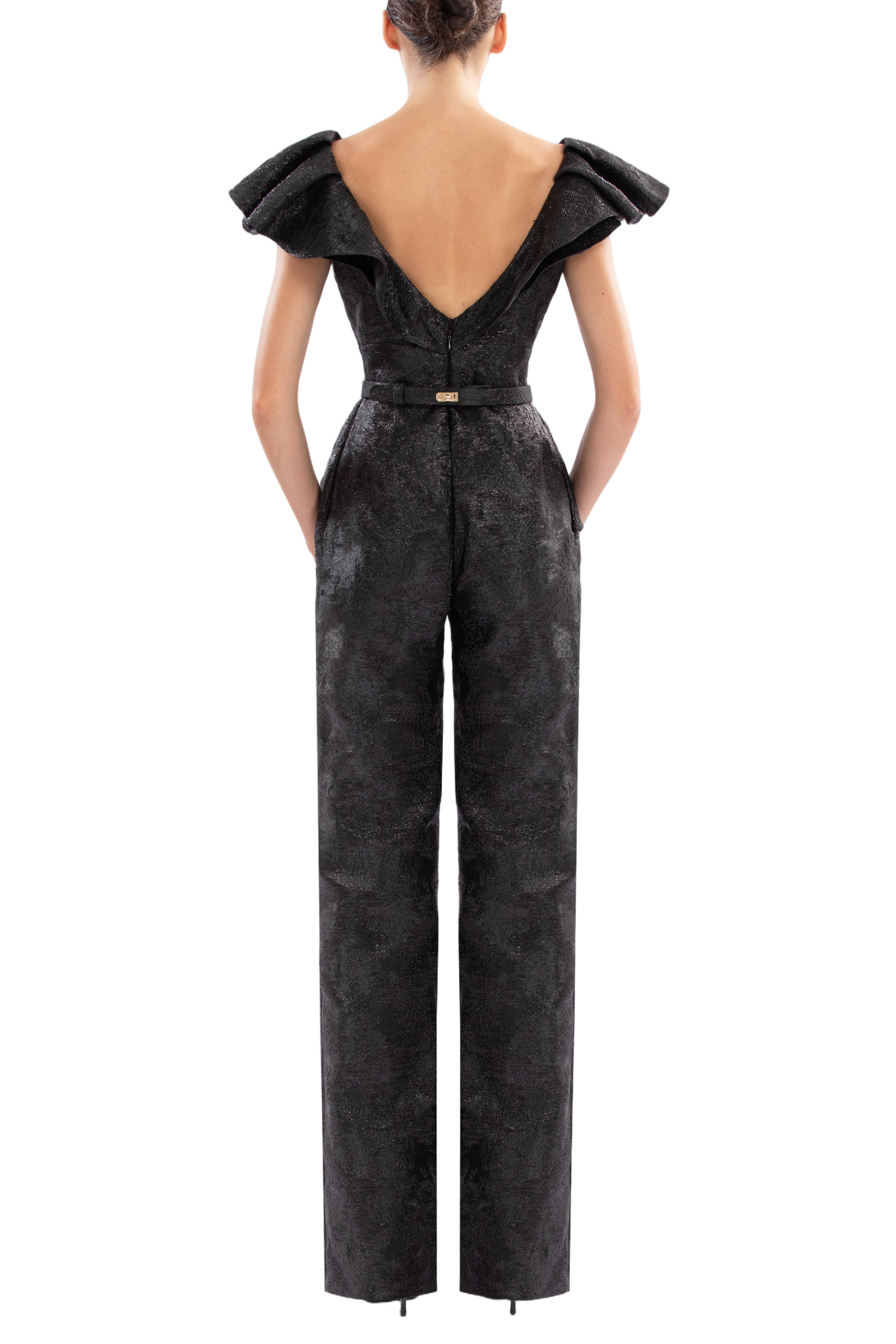 Dramatic Jet Black Brocade Jumpsuit