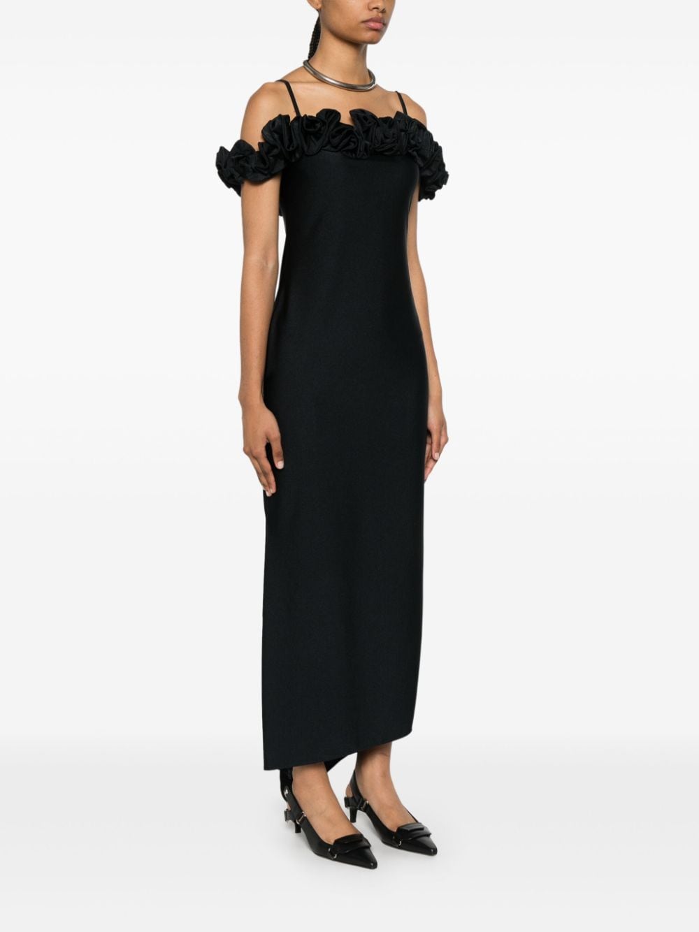 Ruffled Trim Black Midi Dress