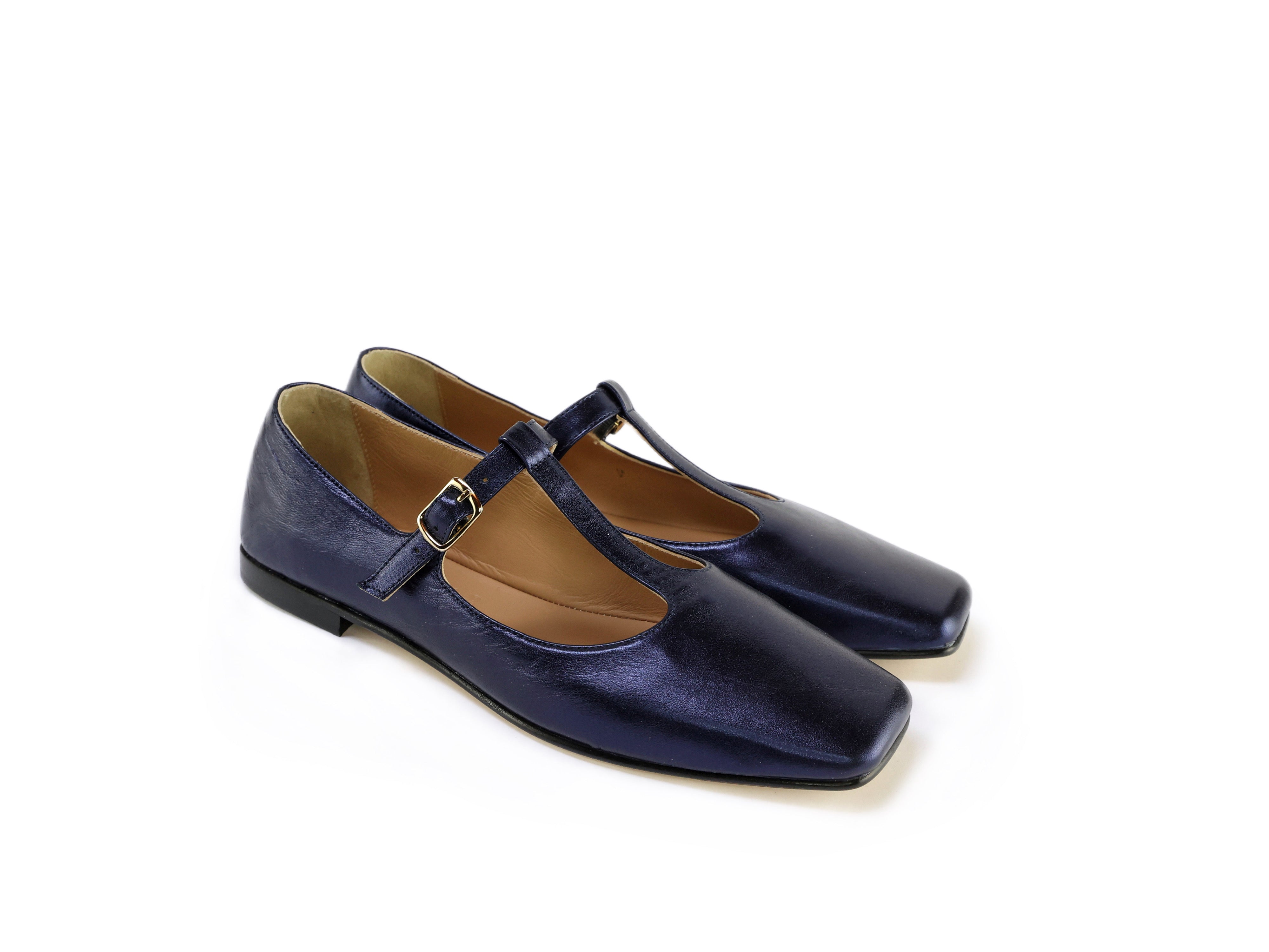 Ballerina Flats with T-Strap in Blu Notte