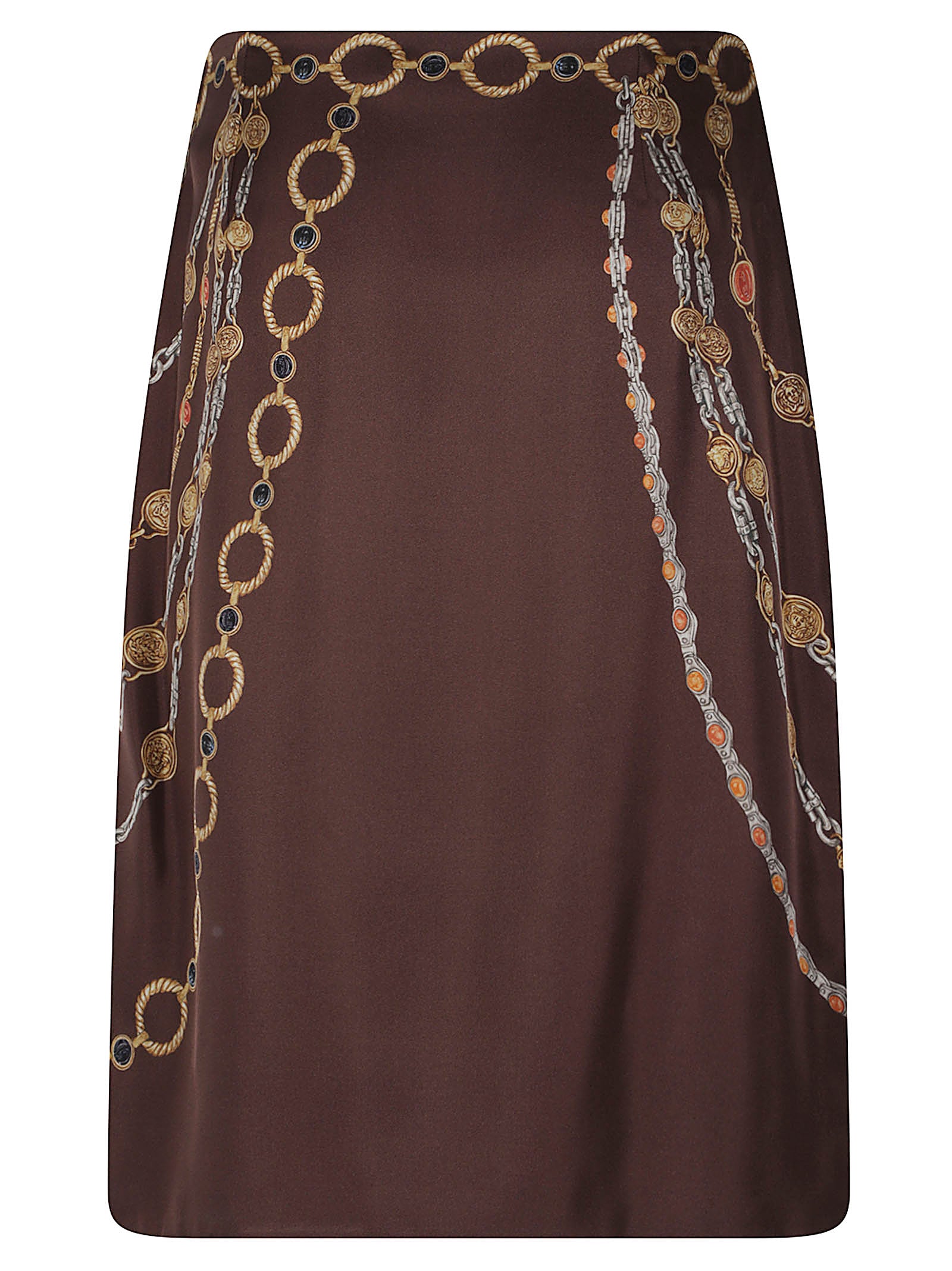 Intricate Chain and Medallion Print Brown Skirt