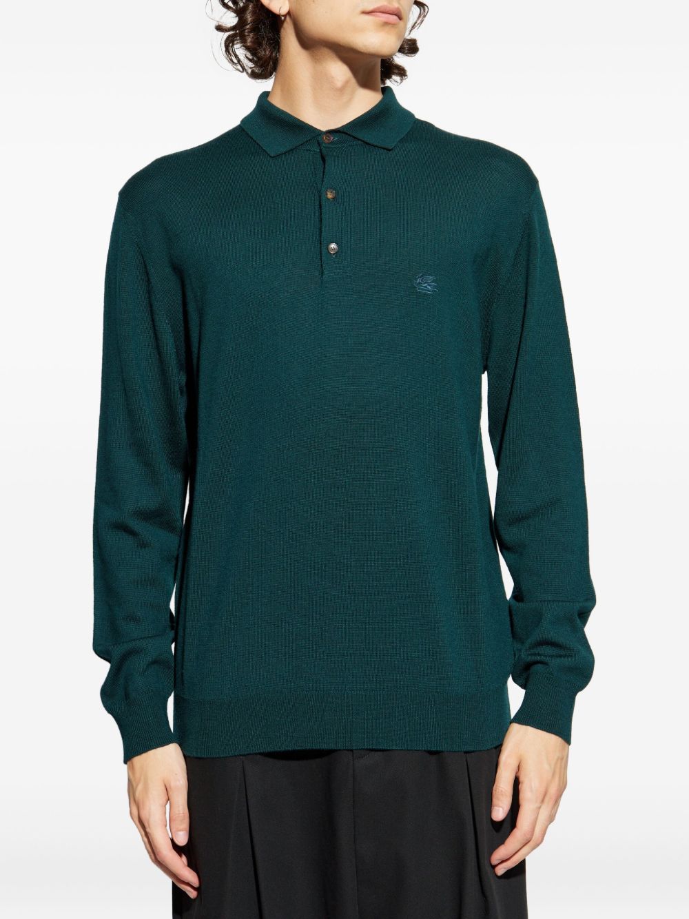 Long-Sleeved Bottle Green Knit Polo Shirt