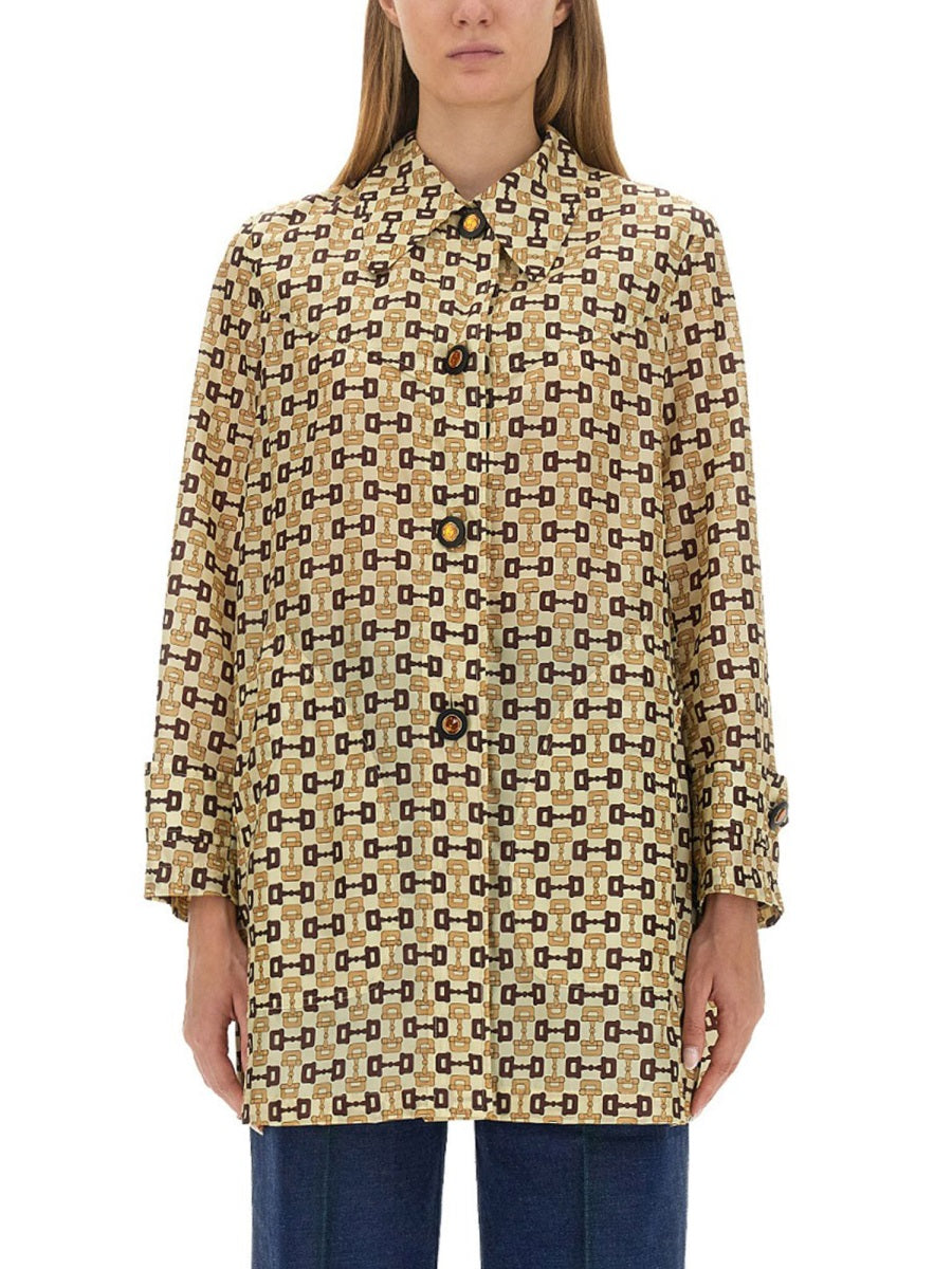 Horsebit Print Long Coat with Structured Silhouette
