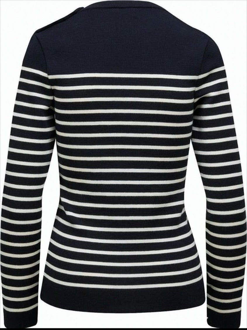 Horizontal Stripe Wool Sweater with Button Detail