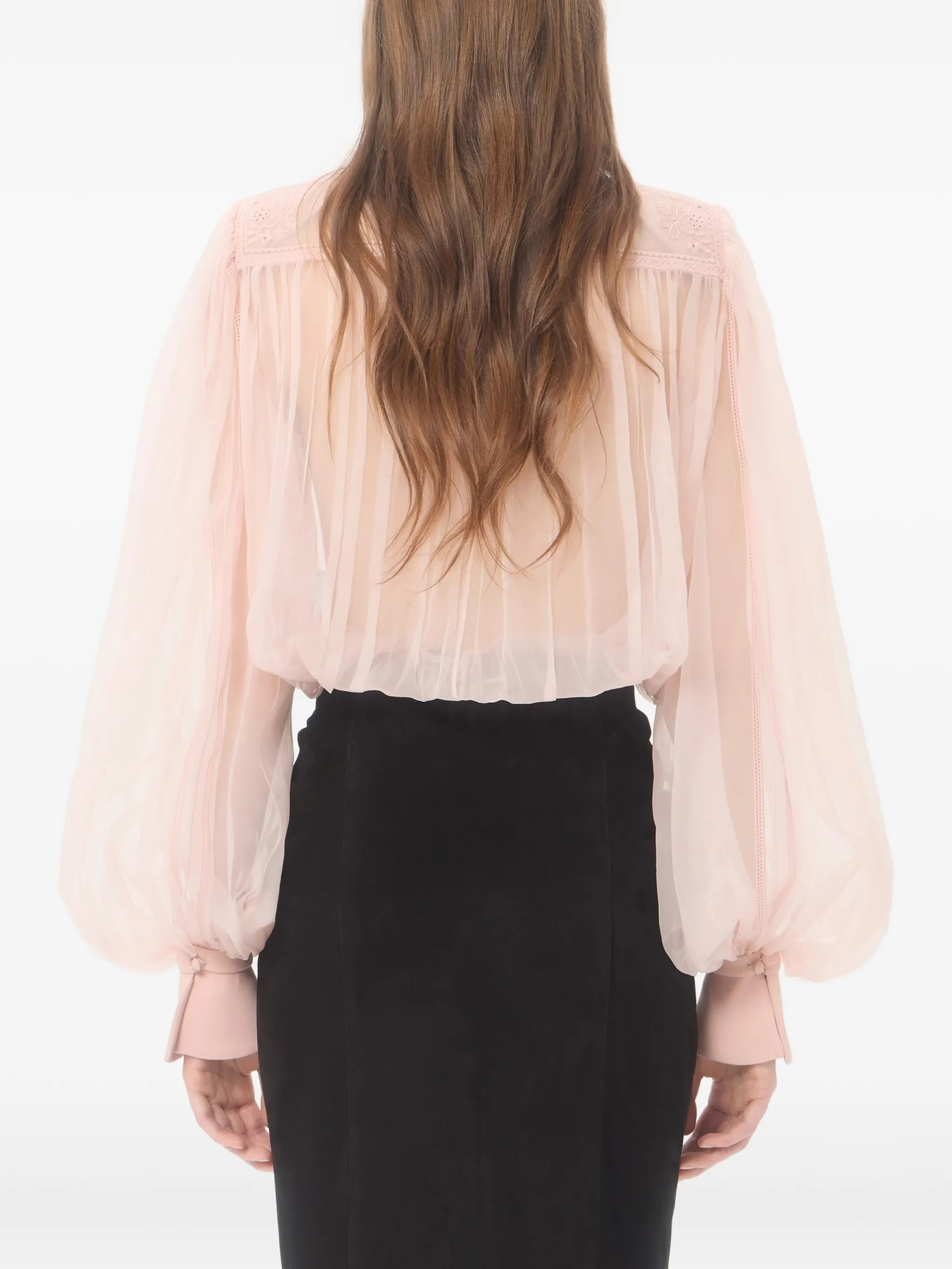 Neutral Sheer Velvet Floral Applique Blouse
