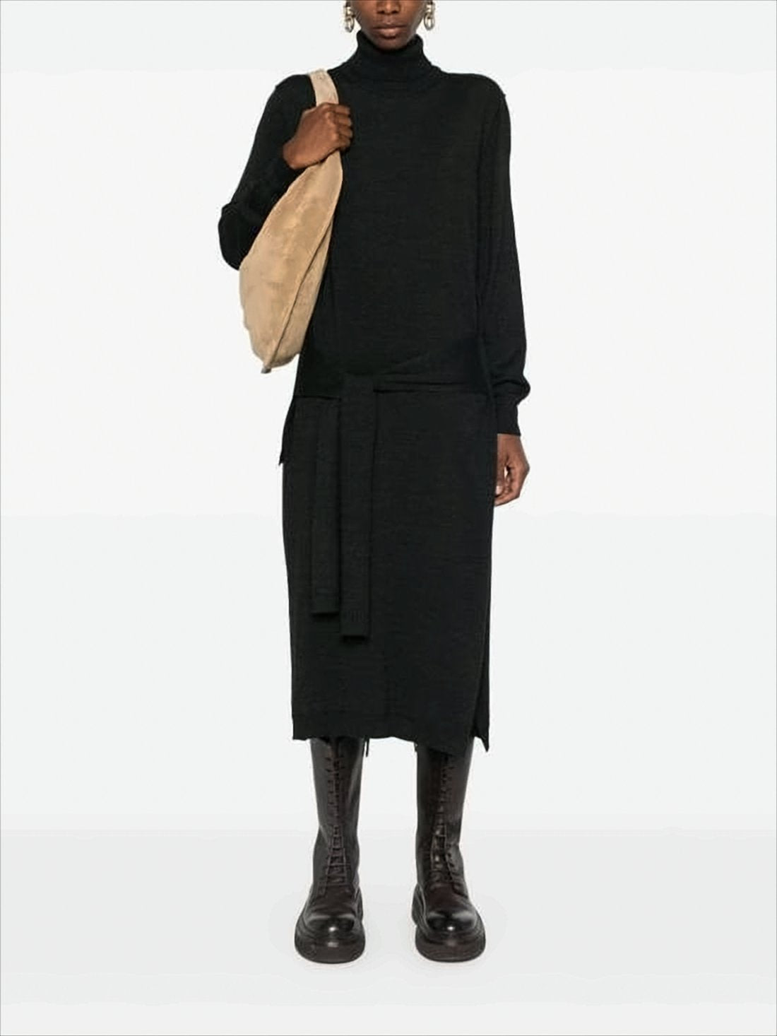 Turtleneck Midi Dress With Fabric Belt
