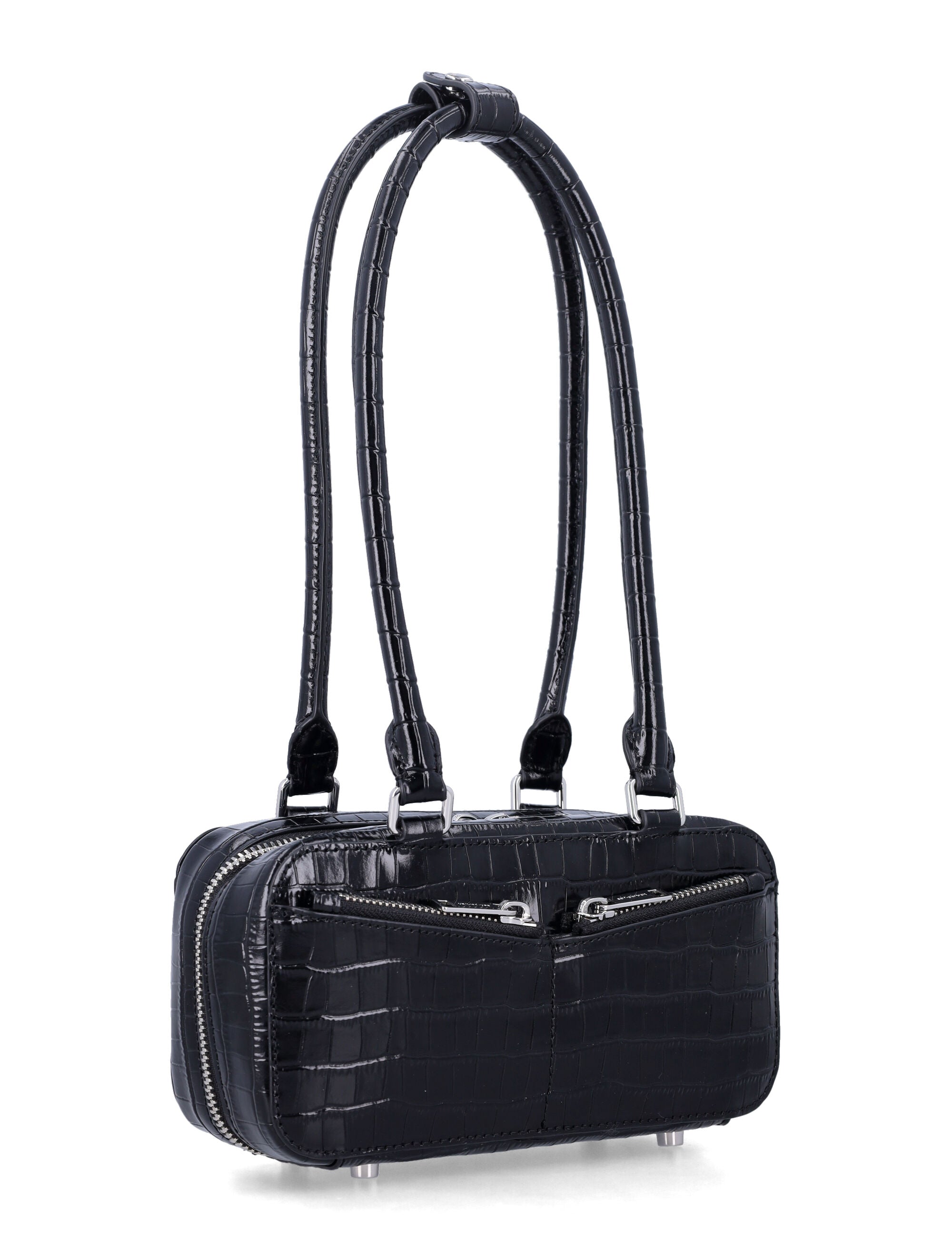 Compact Black Croc Mini Shoulder Bag With Front Zip Pockets