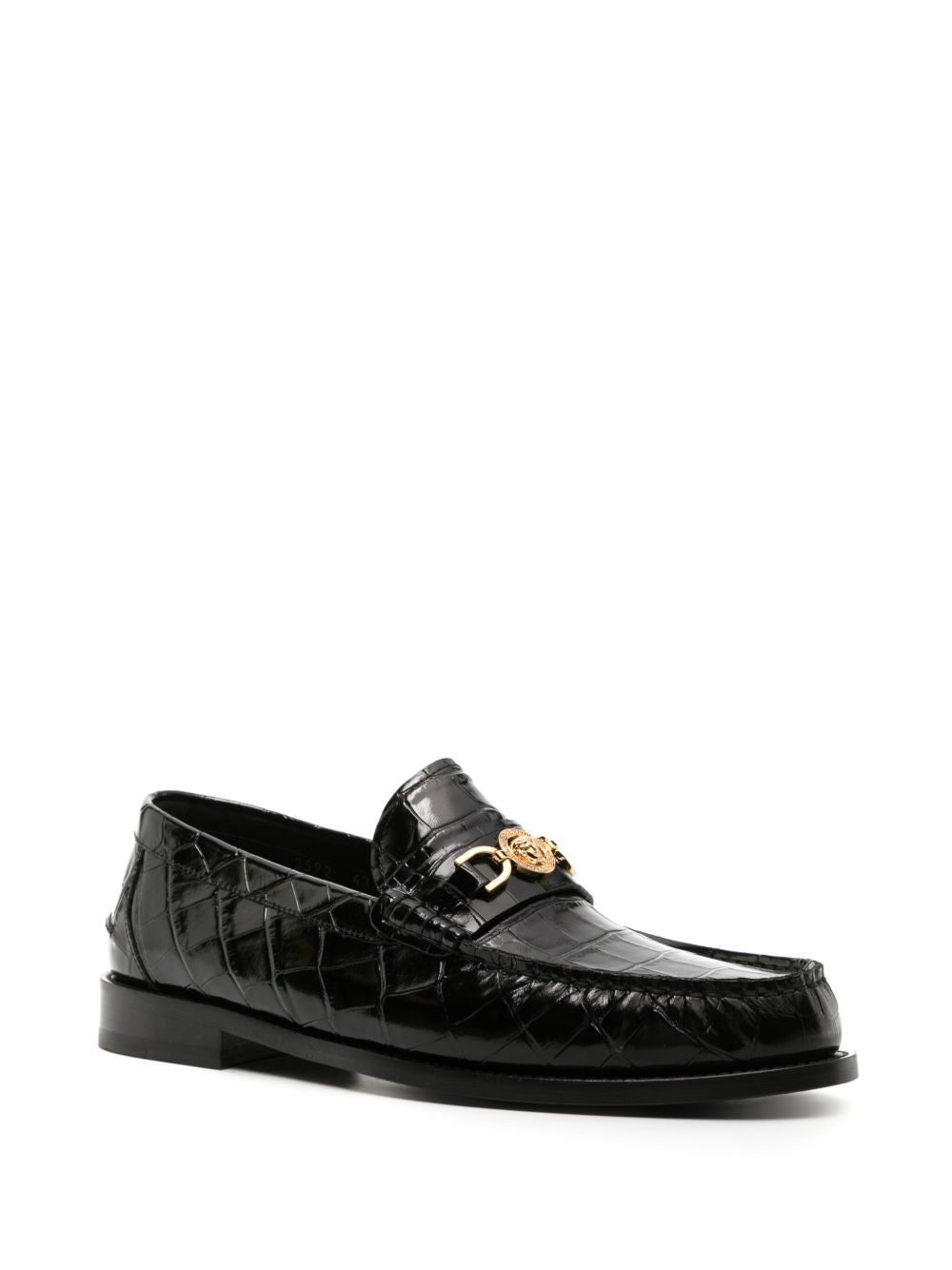 Glossy Black Crocodile-Pattern Flat Shoes
