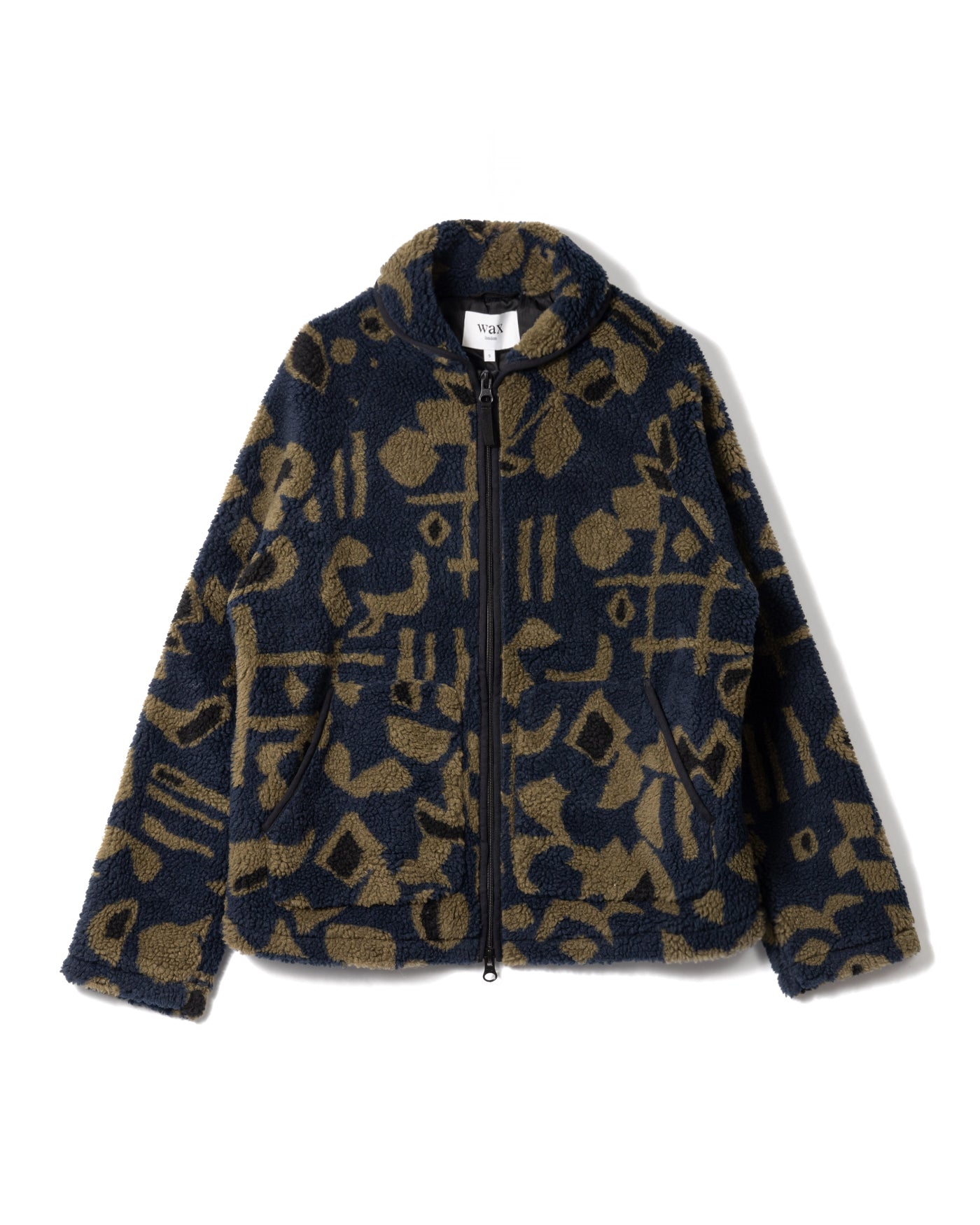 Navy Fleece Jacket with Khaki Abstract Pattern