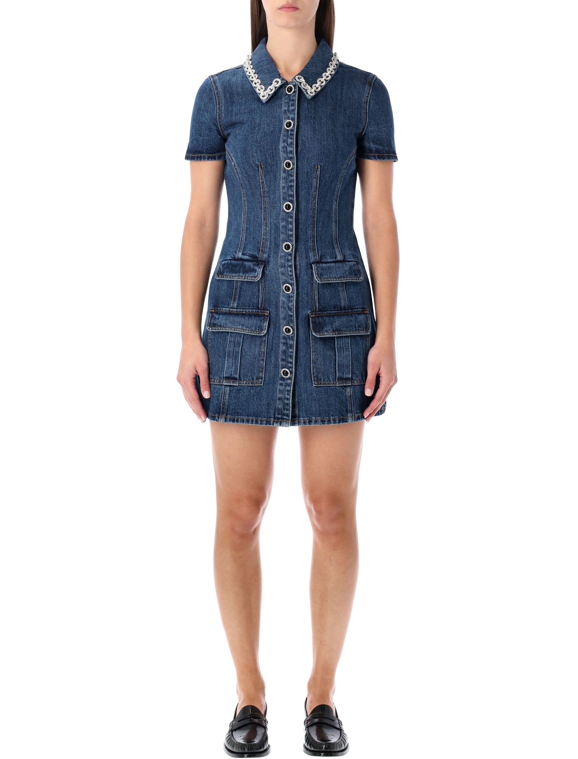 Denim Mini Dress With Crystal-Embellished Collar