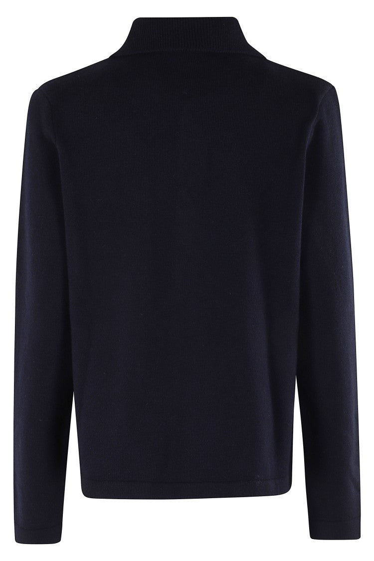 Navy Blue Wool Cardigan With Classic Collar