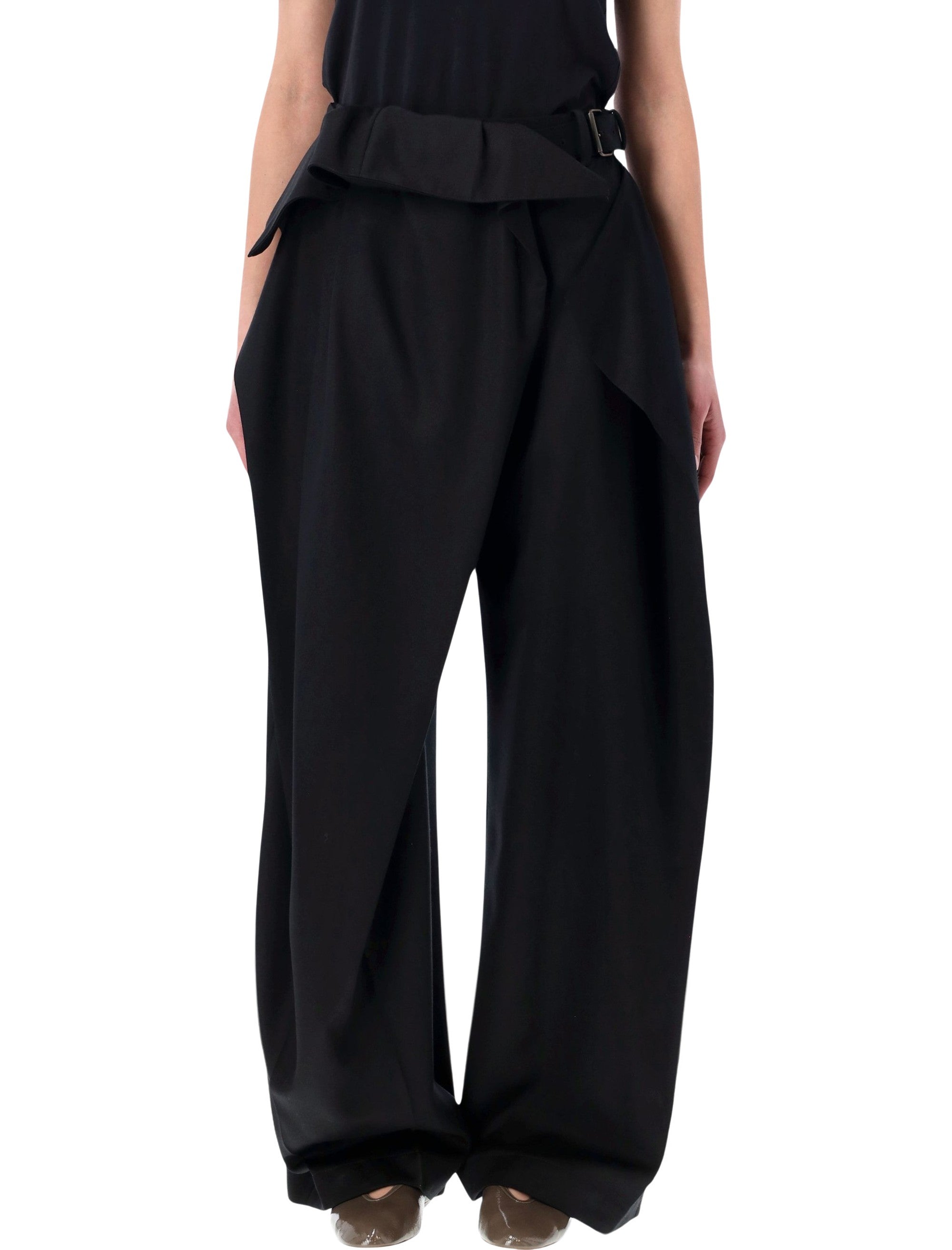 Folded Waist Black Trousers with Antique Brass Buckle