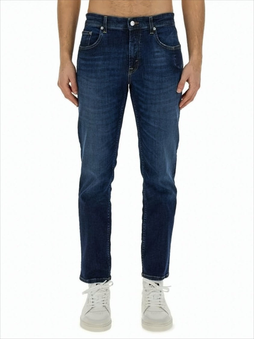 Slim Fit Denim Pants With Tapered Leg And Distinctive Accents