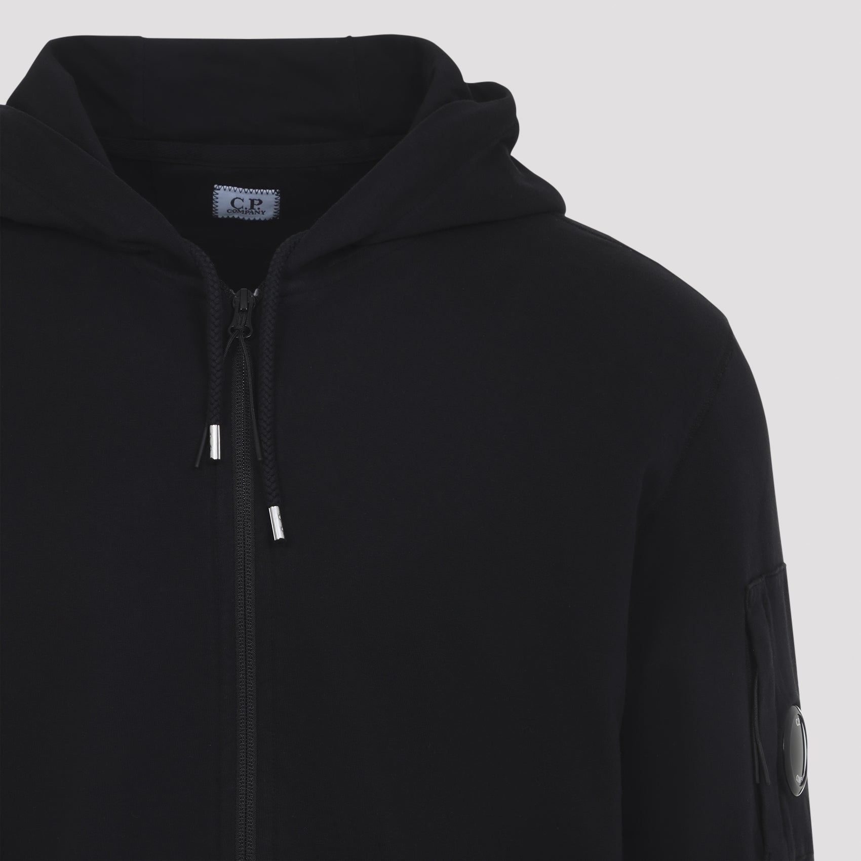Black Cotton Zip-Up Hoodie With Drawstring Hood