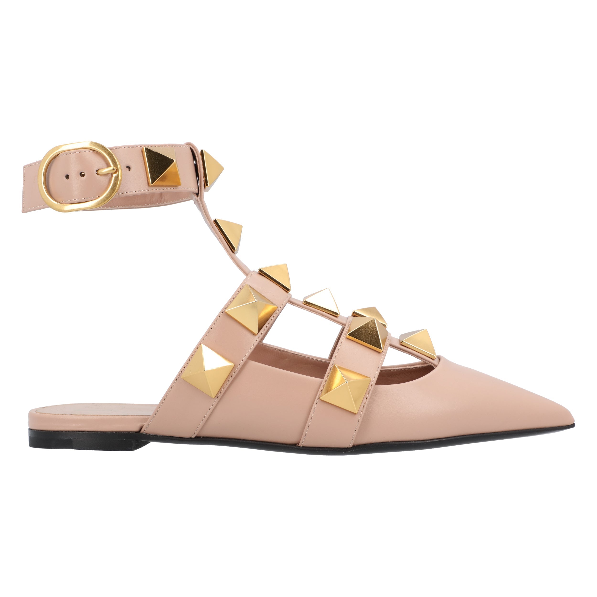 Pointed Toe Ballerinas With Roman Stud Rivets And Ankle Strap