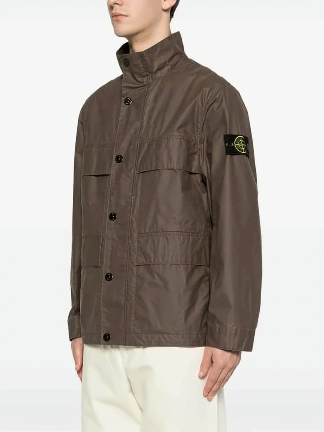 Structured Brown Utility Jacket with High Collar