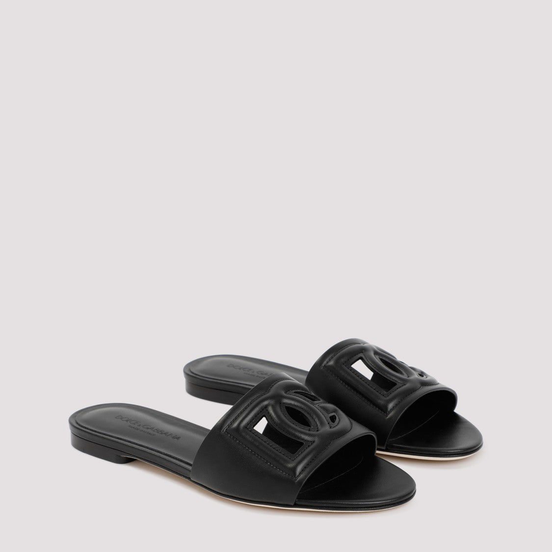 Black Leather Flat Slides Sandals