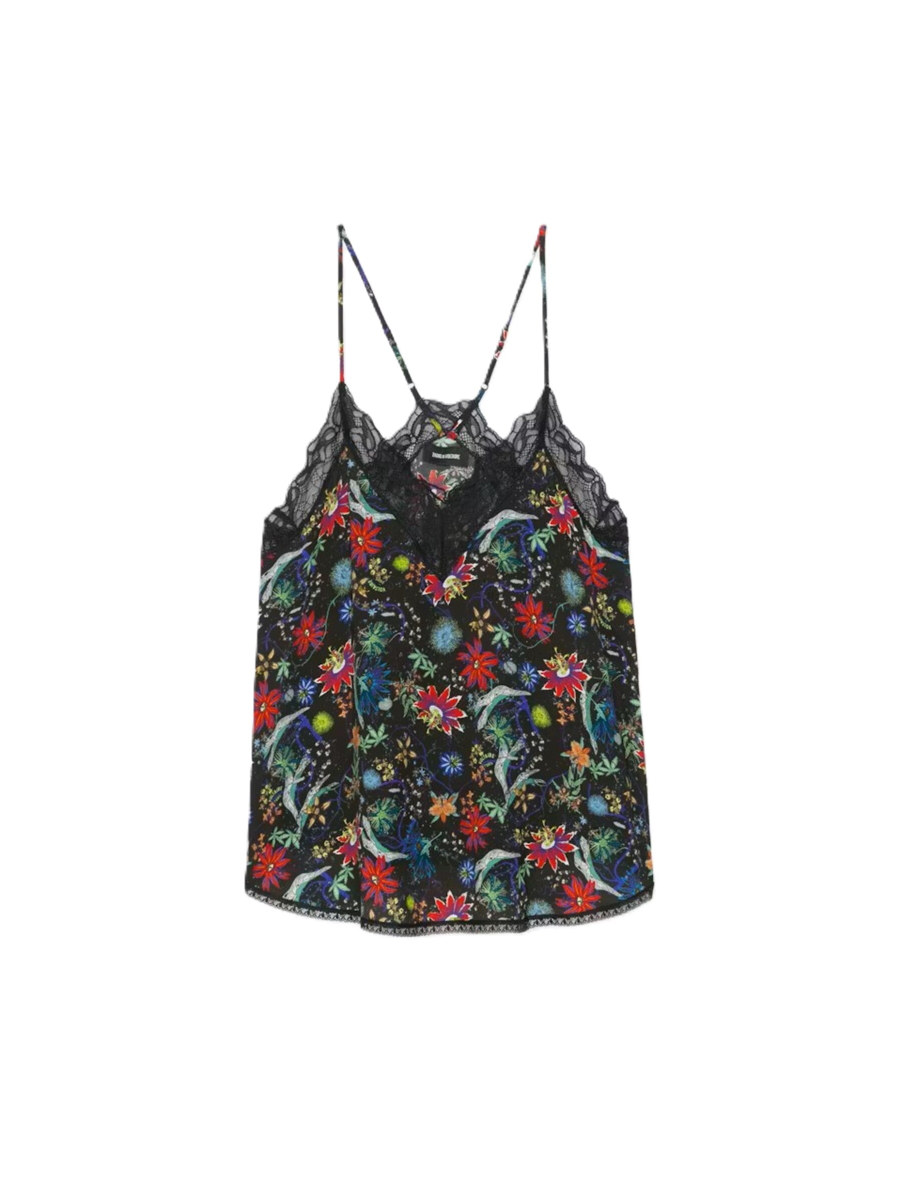 Sleeveless Top with Lace-Trimmed V-Neckline and Floral Print