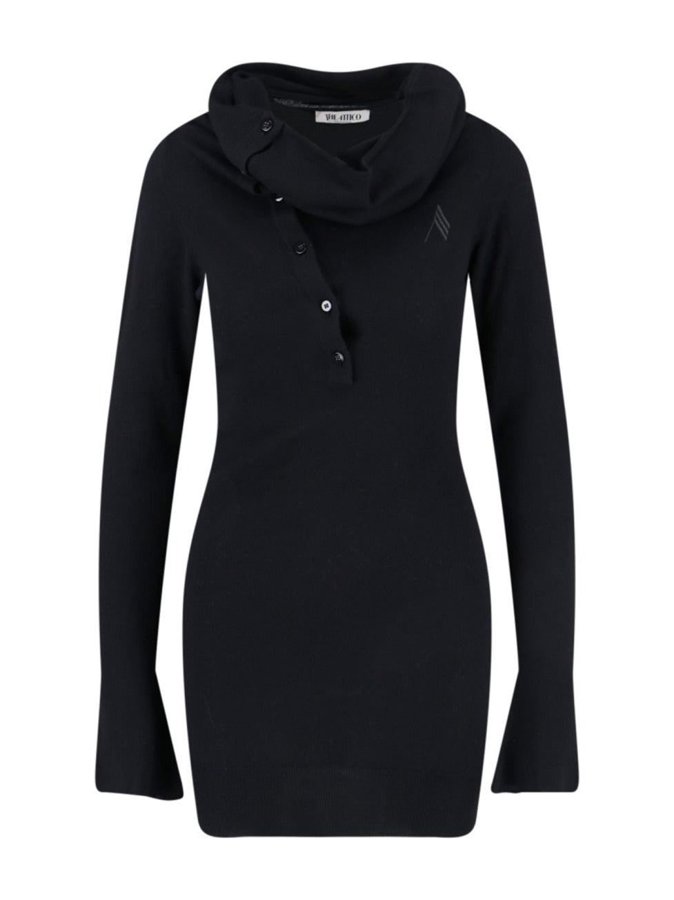 Asymmetrical Collar Black Dress With Logo Embroidery