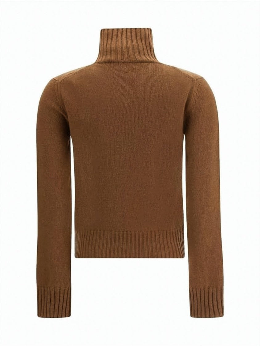 Ribbed High-Neck Cropped Sweater in Rich Brown